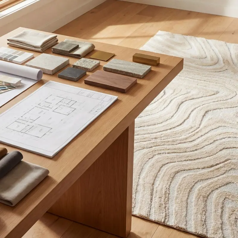 Mesa de trabajo con muestras de tapete y planos de obra