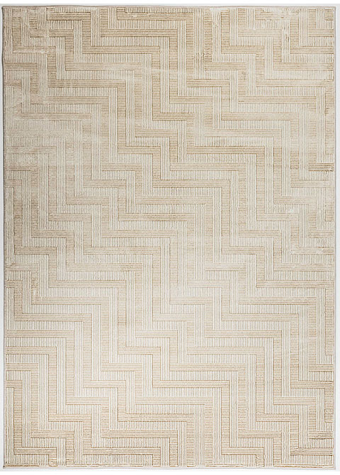 Tapete Geométrico Marfil con Grecas en Relieve y Oro