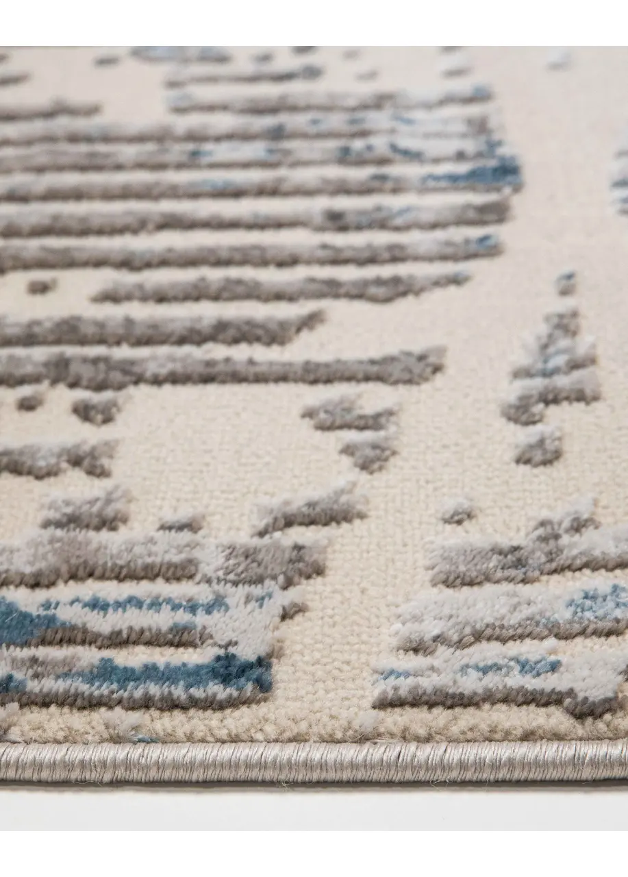 Tapete Abstracto Crema con Rayado Desgastado en Azul y Gris