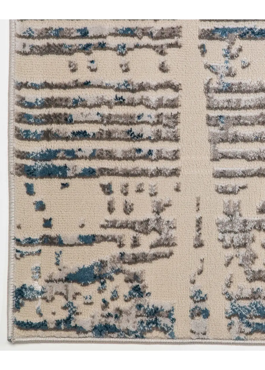 Tapete Abstracto Crema con Rayado Desgastado en Azul y Gris