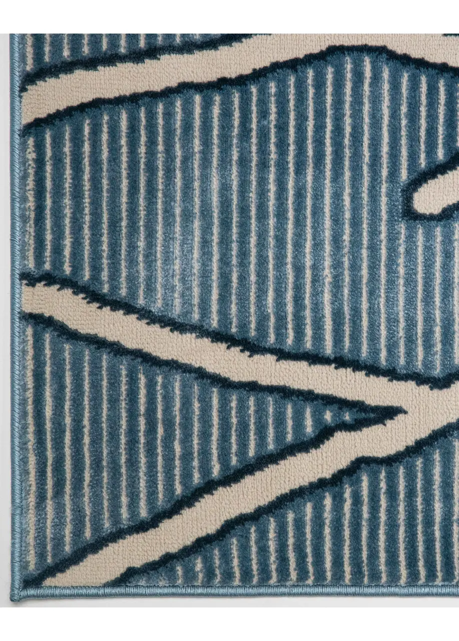 Tapete Moderno Azul con Trazos Bereber en Crema