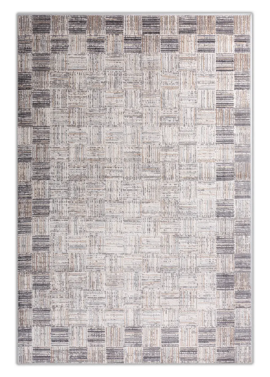 Tapete Moderno Gris con Cuadros de Rayas en Beige y Carbón
