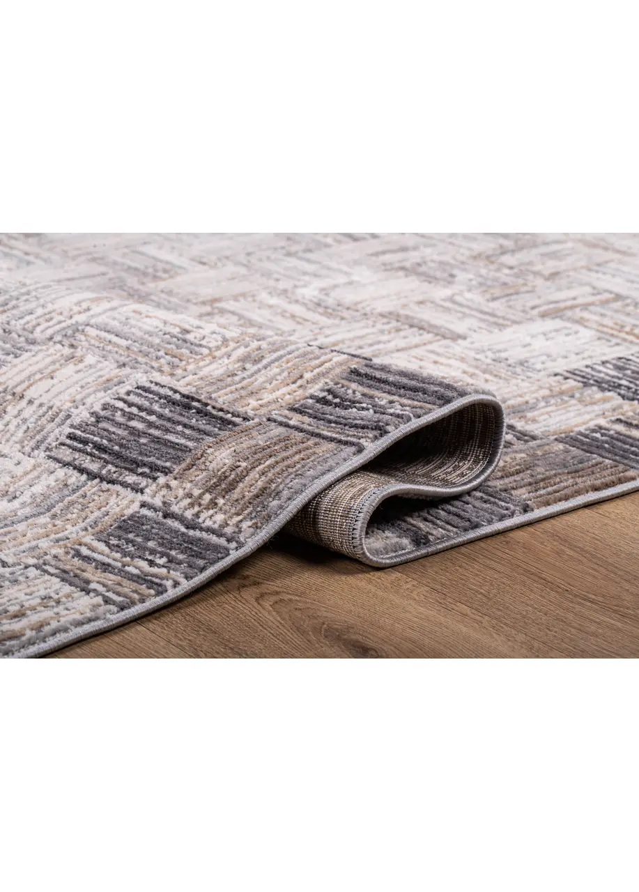 Tapete Moderno Gris con Cuadros de Rayas en Beige y Carbón
