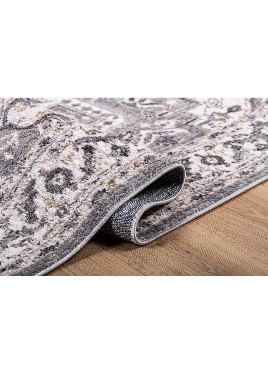 Tapete Vintage Gris con Ornamentos Orientales en Marfil