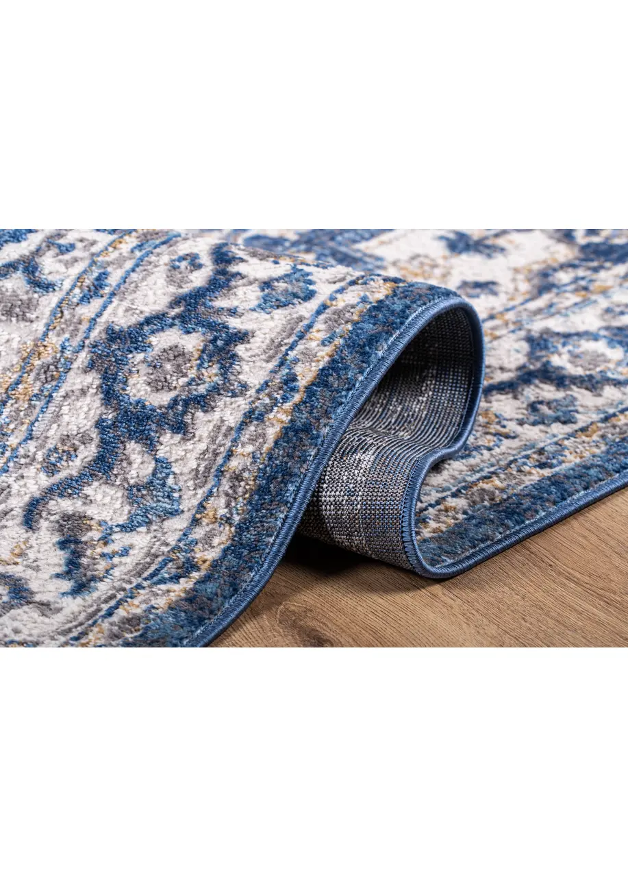 Tapete Vintage Azul con Medallón Oriental en Marfil