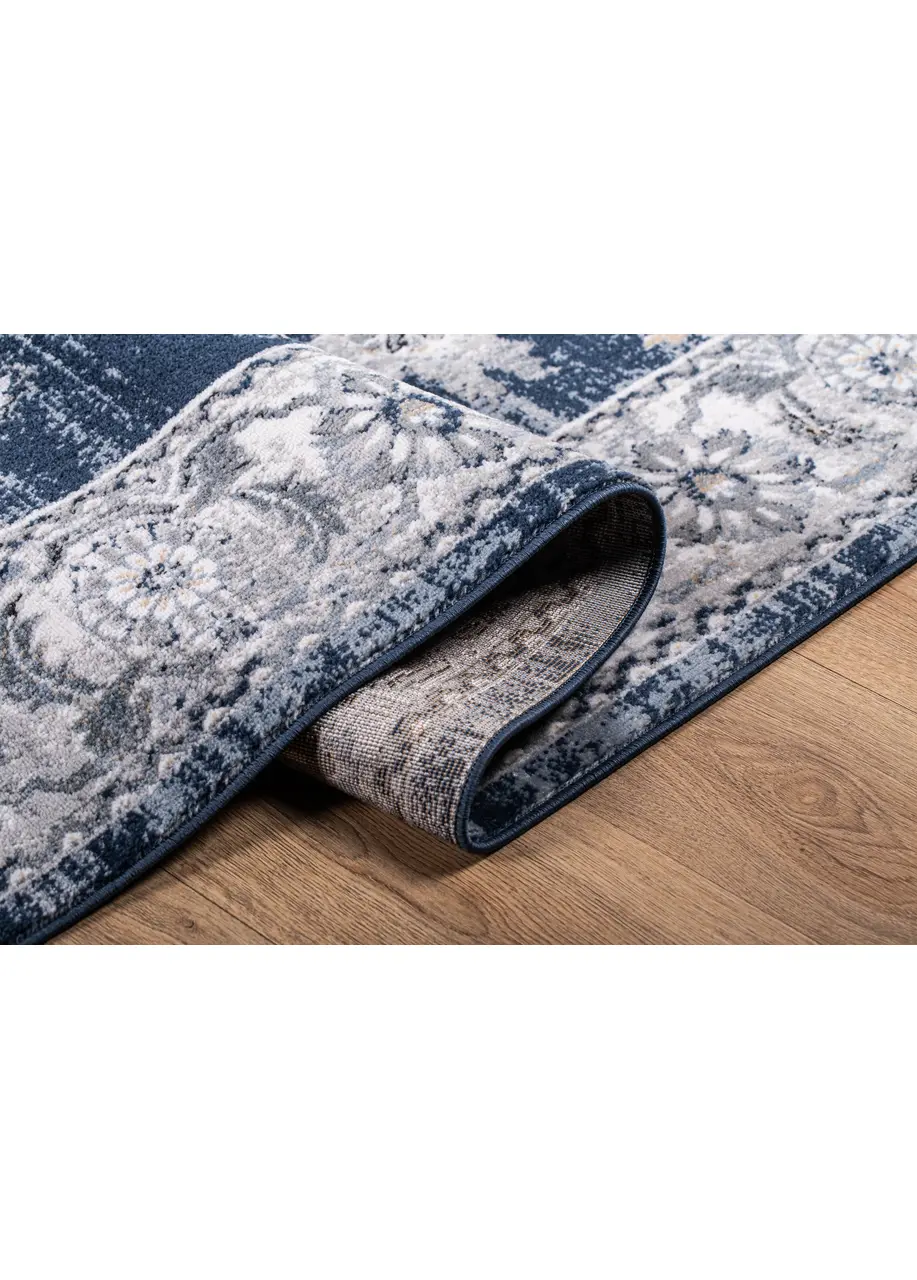 Tapete Vintage Azul Marino con Flores y Cenefa Gris