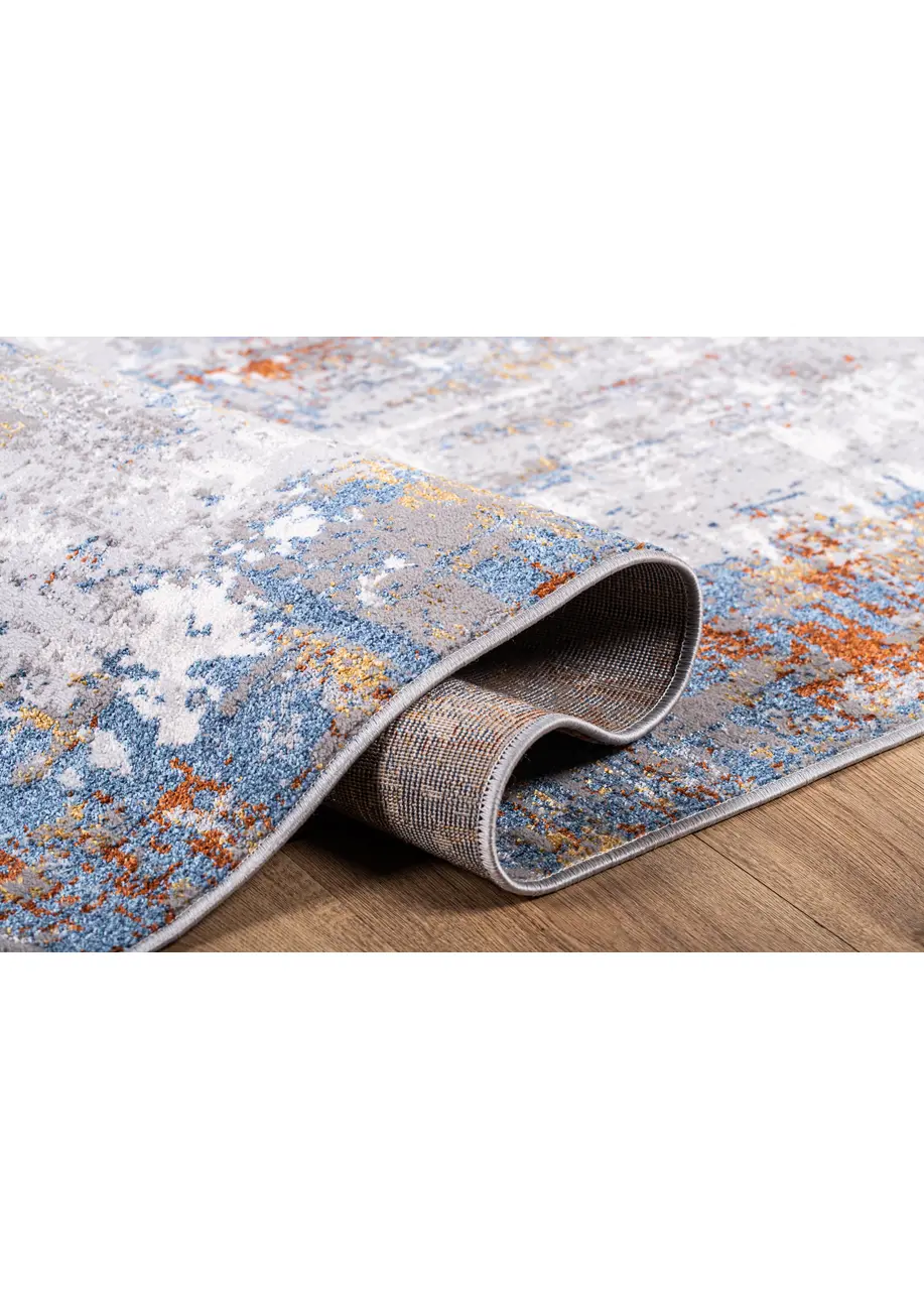 Tapete Abstracto Gris con Manchas en Azul y Cobre