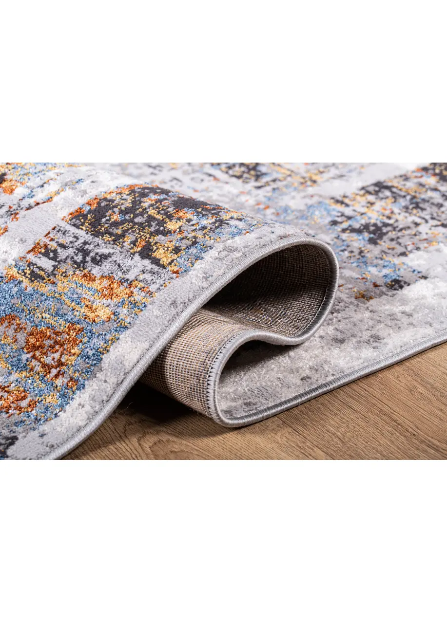 Tapete Moderno Gris con Bloques Verticales en Azul y Cobre