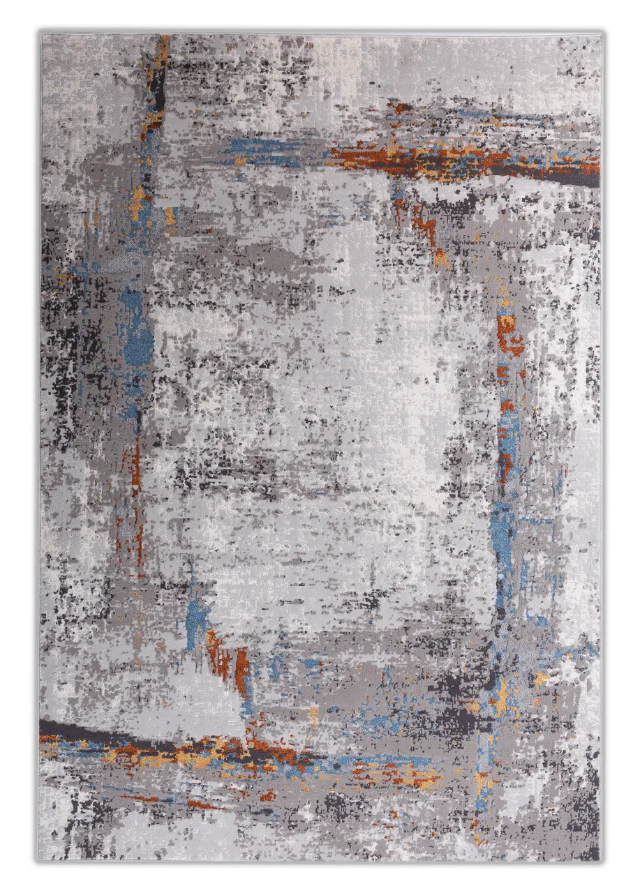 Tapete Abstracto Gris con Marco Pincelado en Azul y Óxido