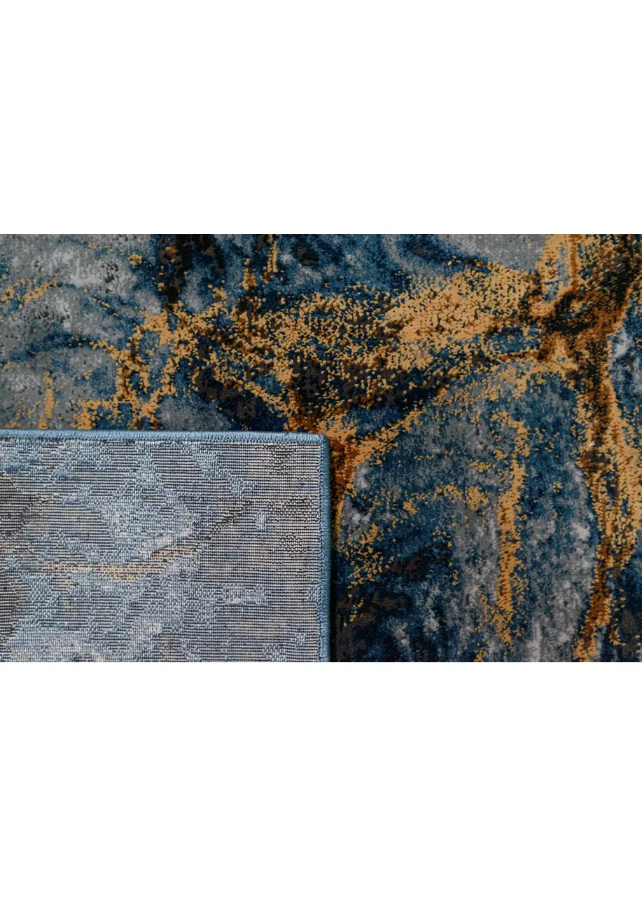 Tapete Abstracto Azul con Mármol Veteado en Dorado y Gris