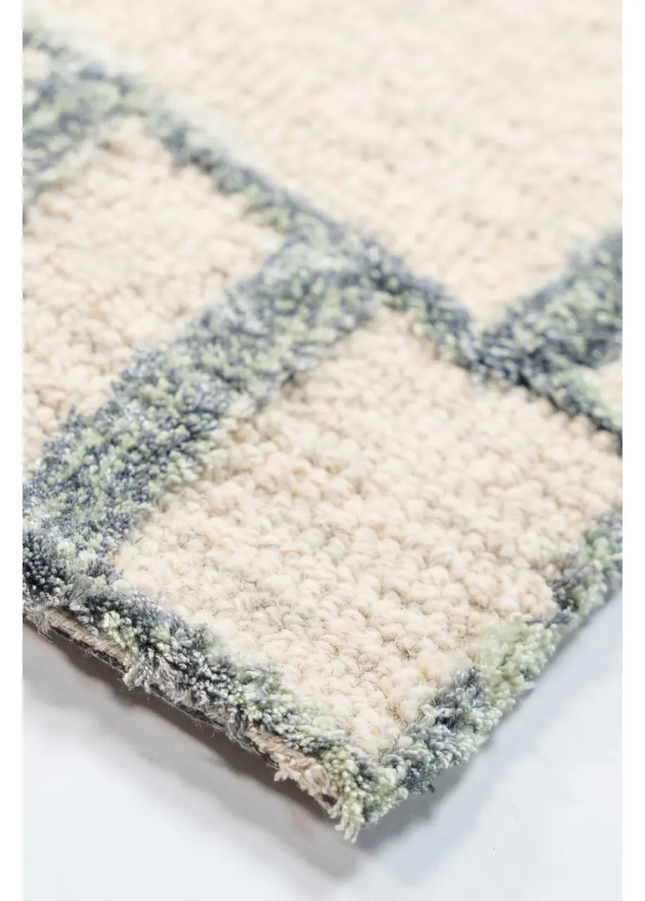 Tapete Moderno Marfil con Retícula de Bloques en Gris y Verde