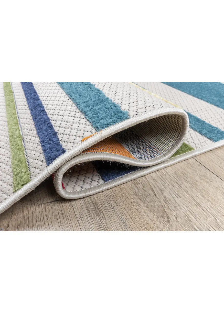 Tapete Moderno Beige con Rayas en Naranja, Azul y Amarillo