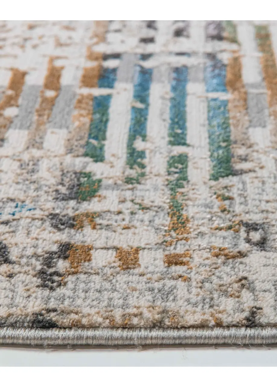 Tapete Vintage Crema con Barras Entretejidas en Azul y Ocre